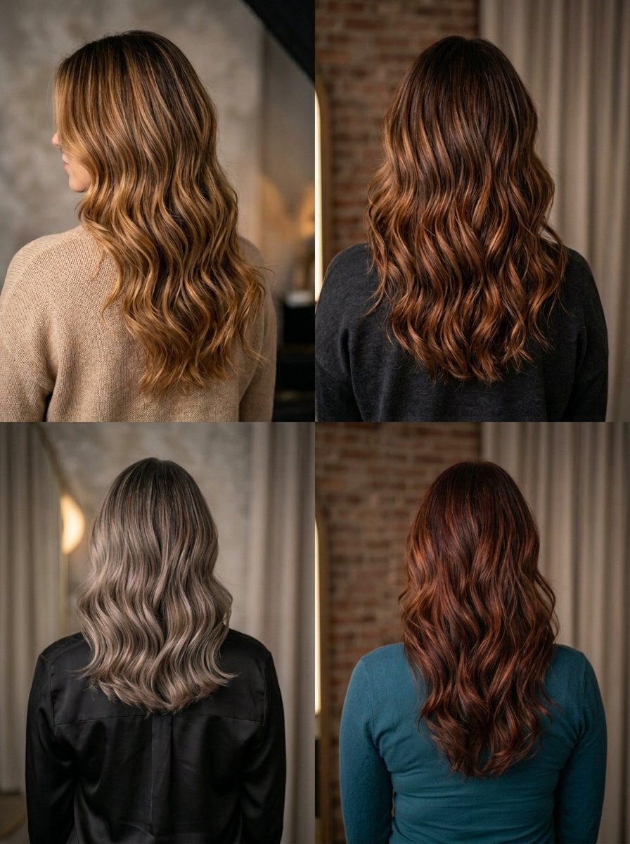 Four views of women with long, wavy hair showcasing various shades from honey blonde to deep auburn.