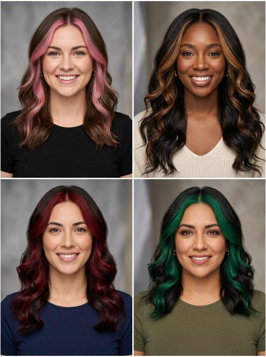 Four women with wavy hair featuring vibrant pink, caramel, red, and green face-framing highlights.