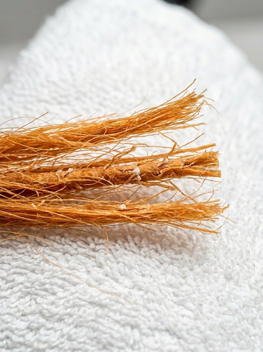 Detailed view of dried, fibrous plant material resting on a soft white terry cloth surface.