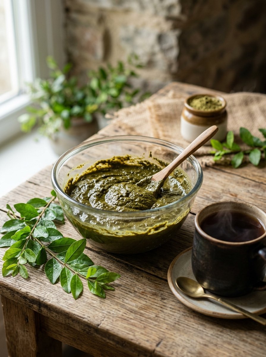 Wooden spoon stirring a thick green herbal paste in a clear bowl next to a steaming mug of tea and curry leaves.