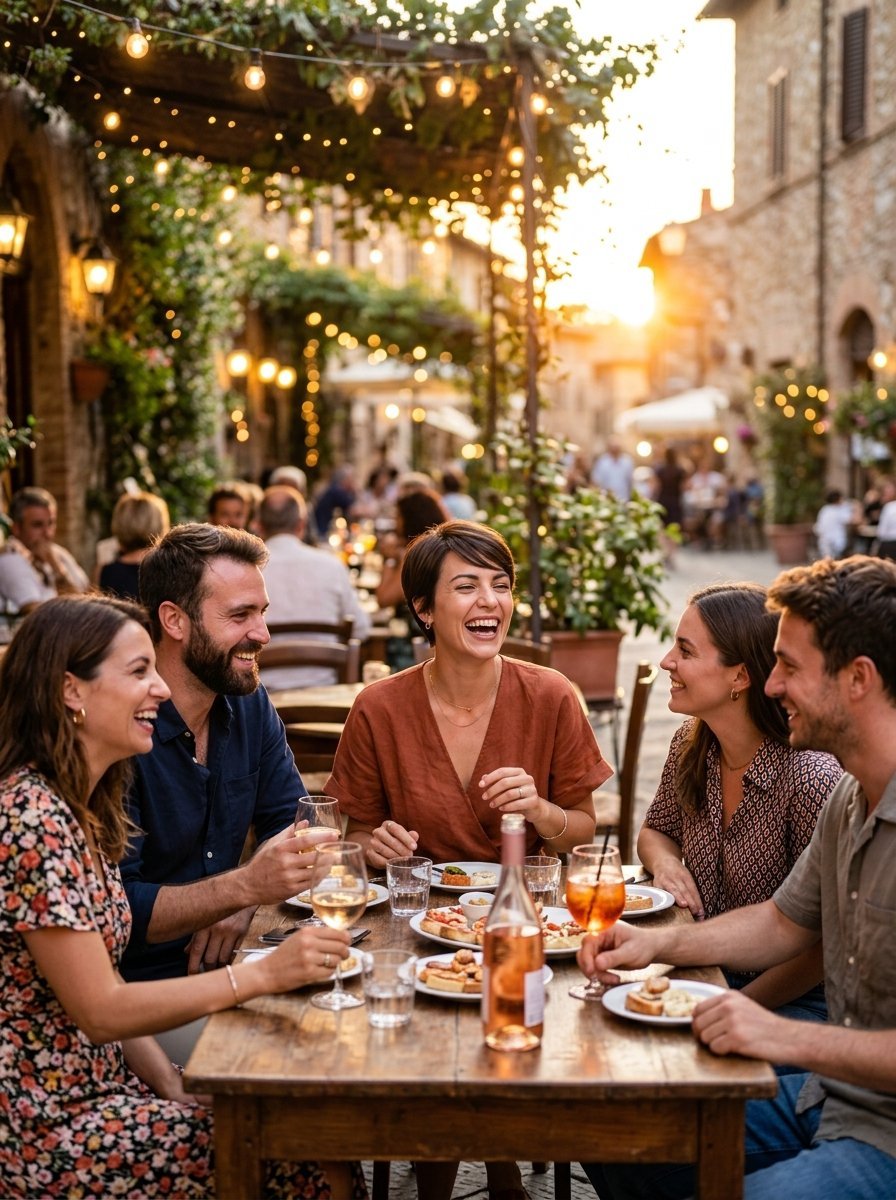 People having dinner with drinks and snacks at an outdoor table in a charming European street at sunset.