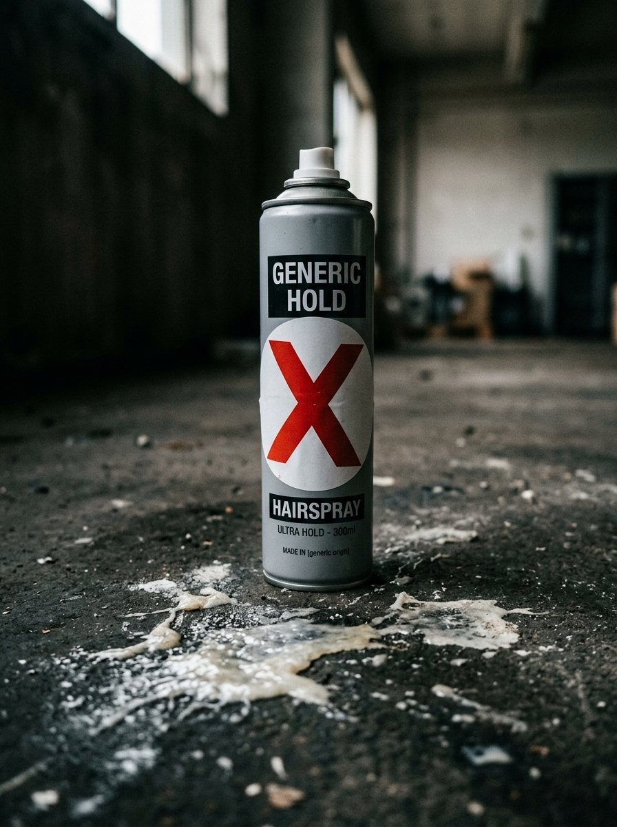A silver aerosol hairspray bottle with a red X logo sitting on a dirty concrete floor with liquid residue.