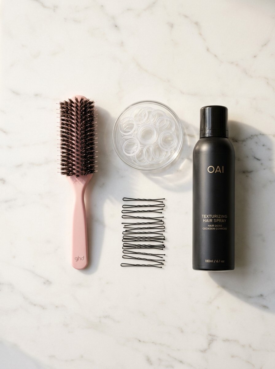 Pink bristle brush, a pile of black bobby pins, and OAI texturizing spray on a white marble surface.