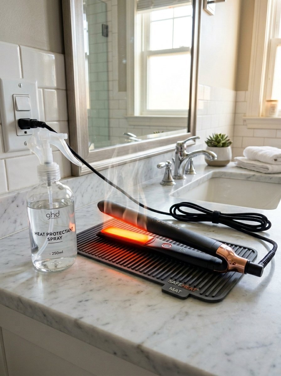 A hot, steaming hair straightener resting on a silicone mat next to a spray bottle of heat protectant.