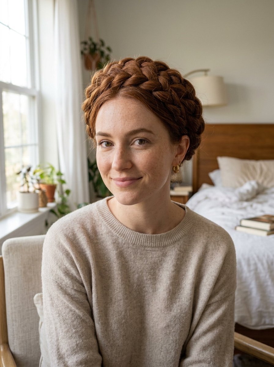 Portrait of a freckled woman with ginger hair styled in a thick circular braid sitting in a cozy bedroom.
