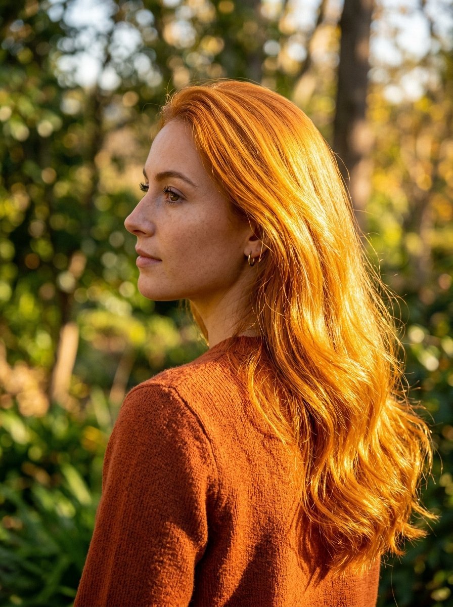Profile view of a young woman with long auburn hair wearing an orange sweater outdoors.