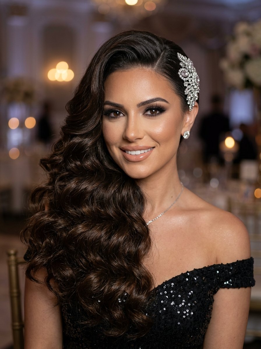 Portrait of a brunette woman wearing a sequined off-the-shoulder dress and crystal hair accessory.