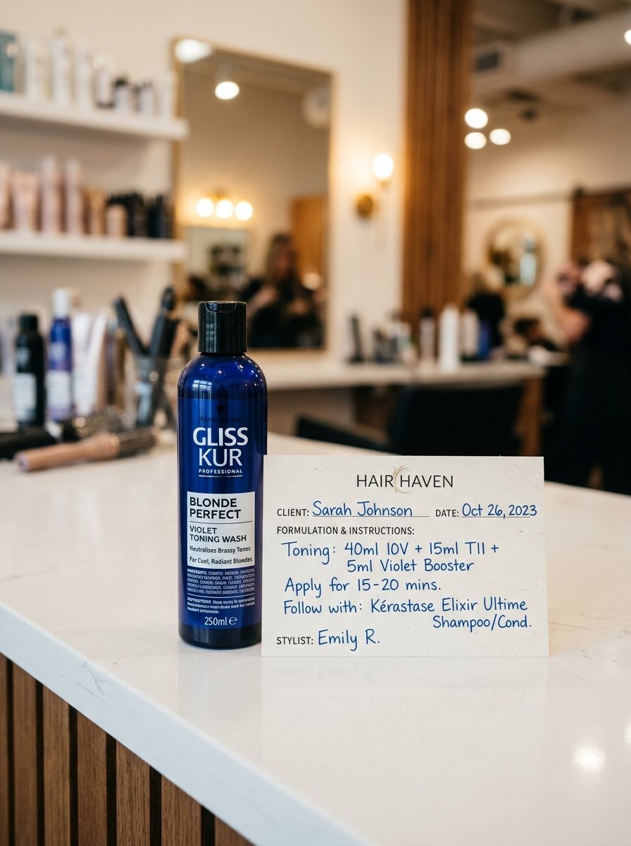 Blue bottle of Gliss Kur blonde toner next to a handwritten hair salon service instruction card.
