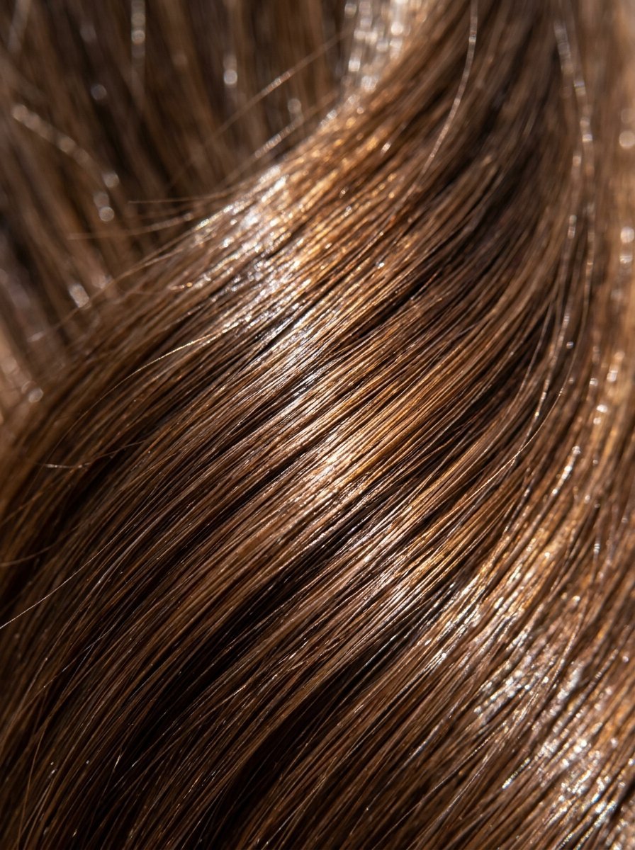 Extreme macro photography of straight, light brunette hair strands reflecting bright light.