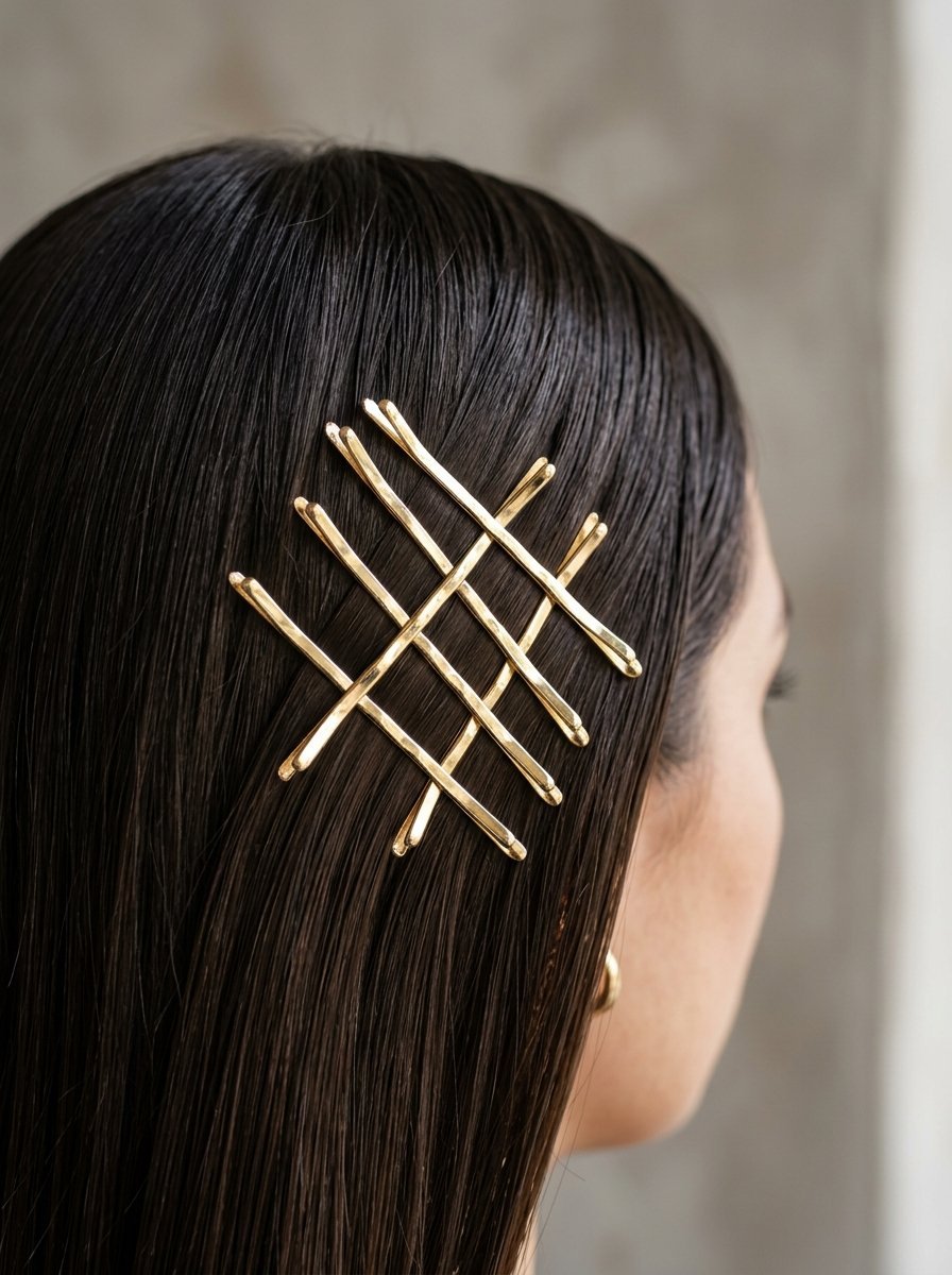 Close-up of a woman with dark hair wearing criss-cross golden bobby pins as a hair accessory.