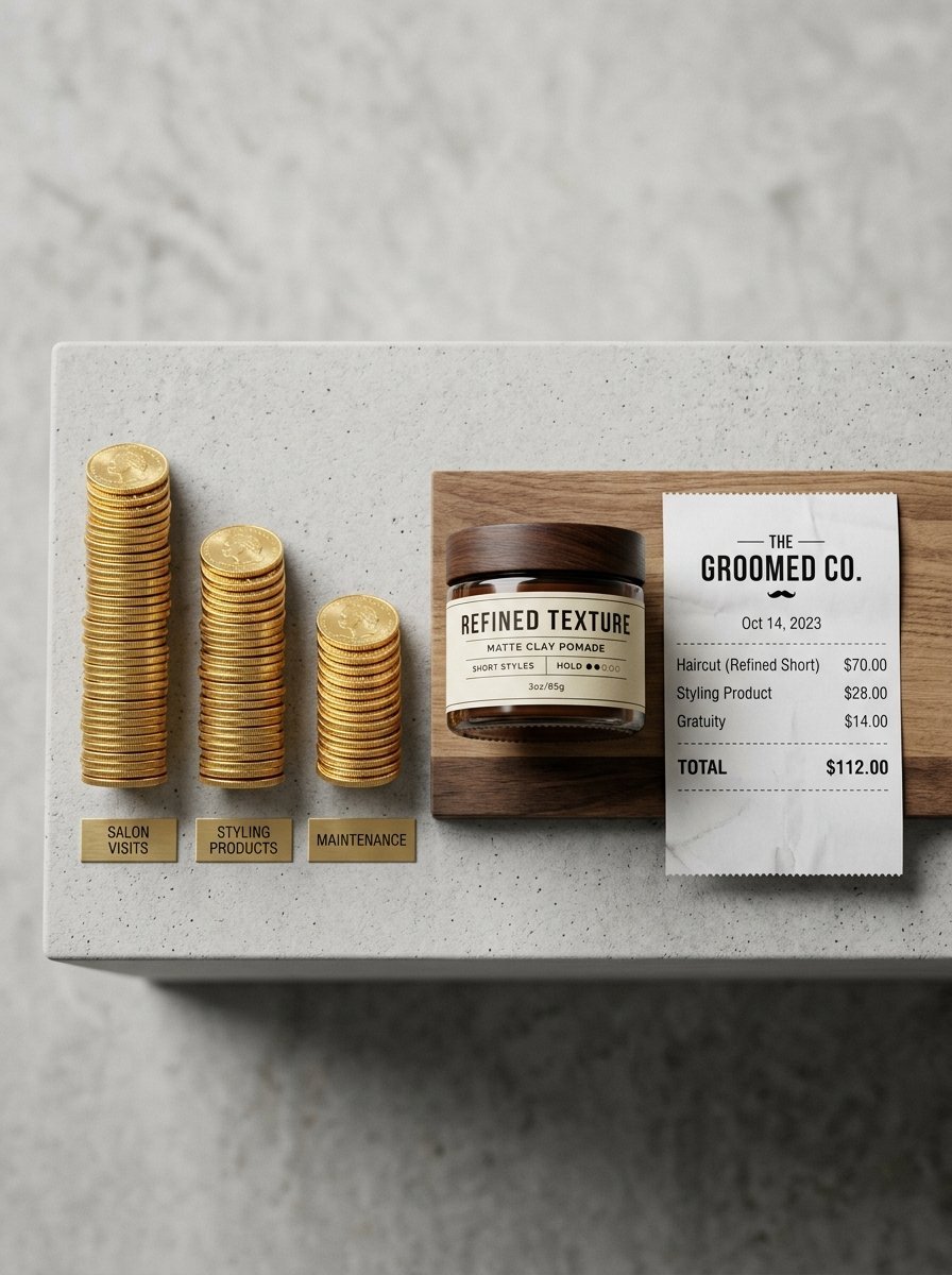 Stacks of gold coins labeled by salon category next to a jar of pomade and a grooming salon receipt.