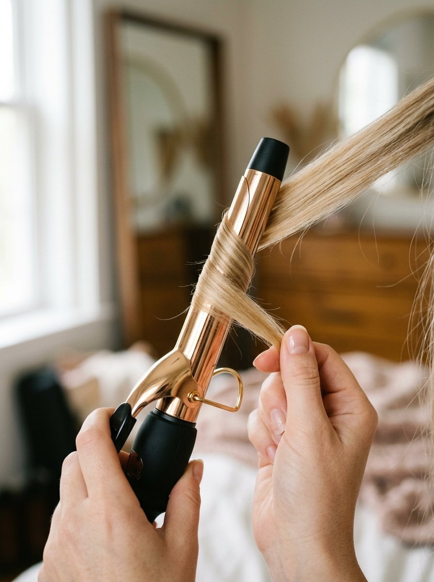 Close-up of hands wrapping a section of long blonde hair around a metallic gold and black professional curling wand.