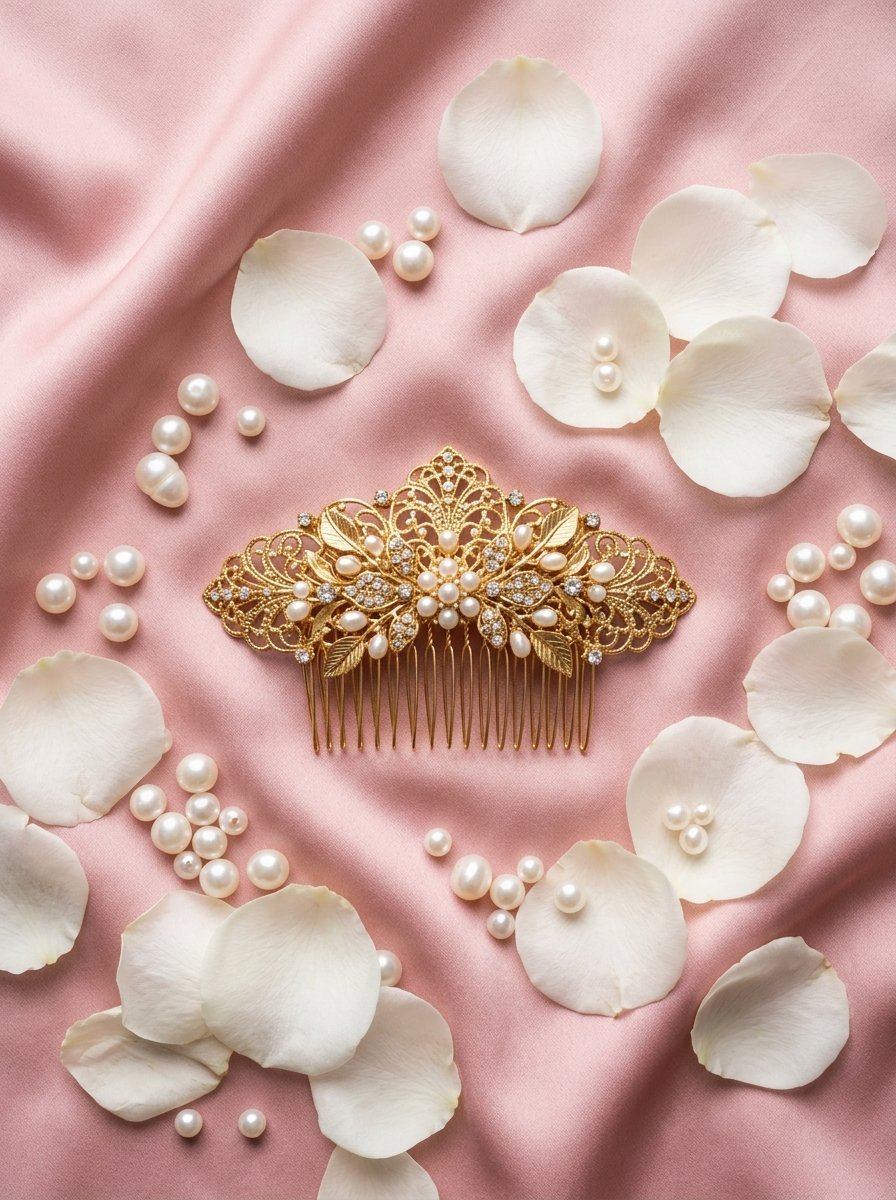 A decorative gold hair comb surrounded by white rose petals and loose pearls on pink silk fabric.