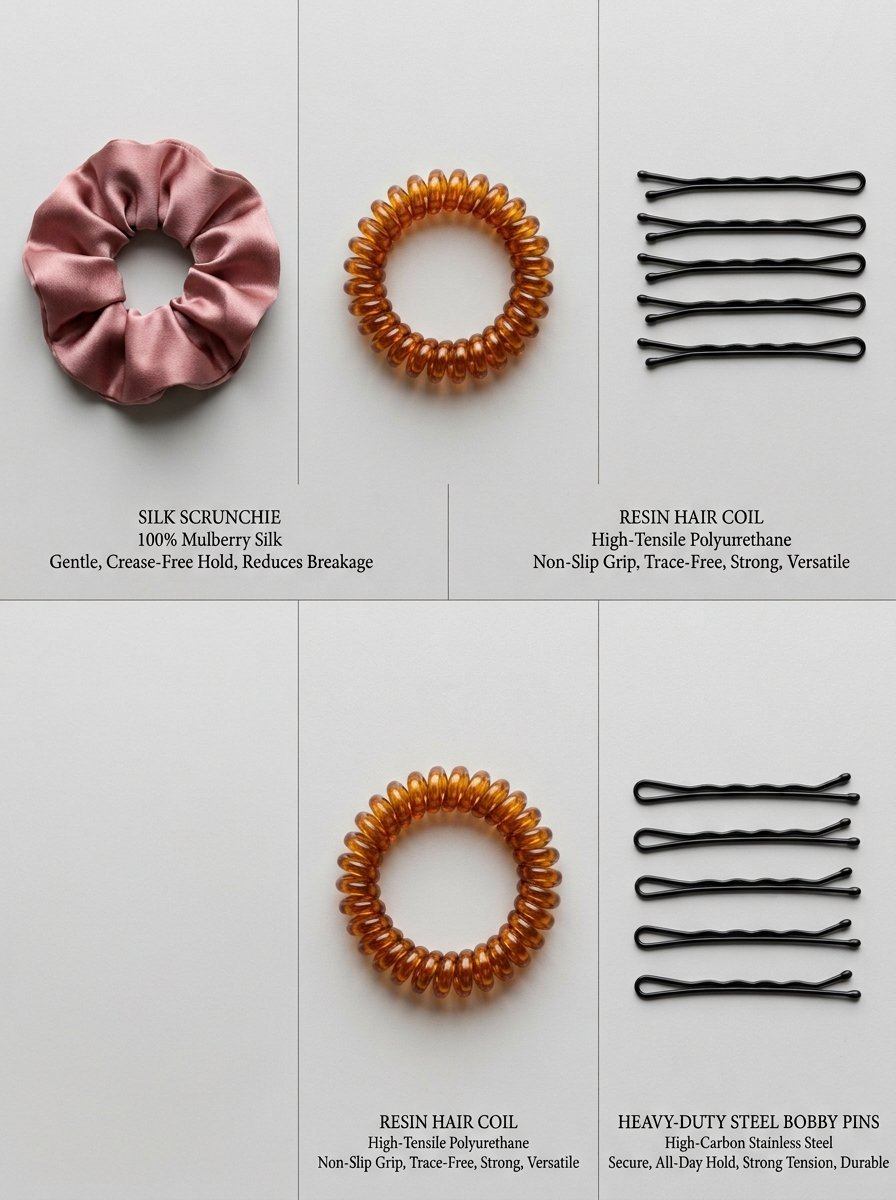 Top view of pink silk scrunchies, amber resin coils, and black metal bobby pins organized on a light background.