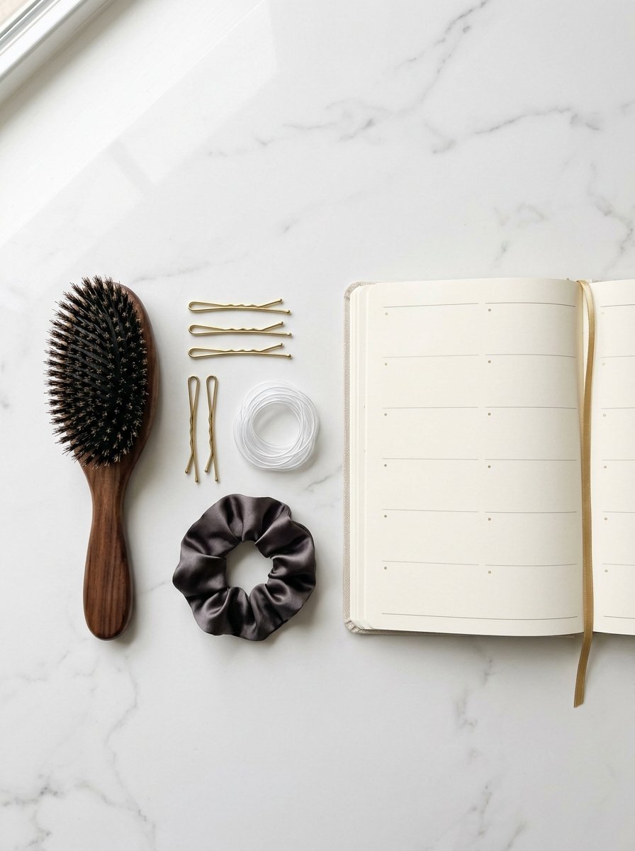 Top-down view of a wooden brush, gold hair pins, white hair ties, a silk scrunchie, and an open lined notebook.