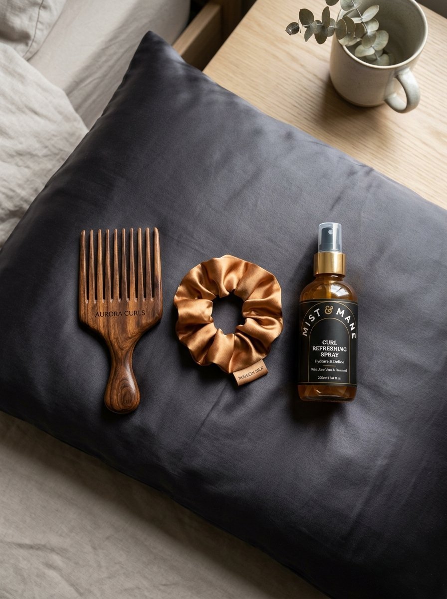 Wood hair pick, bronze silk scrunchie, and curl spray bottle on a grey pillow.