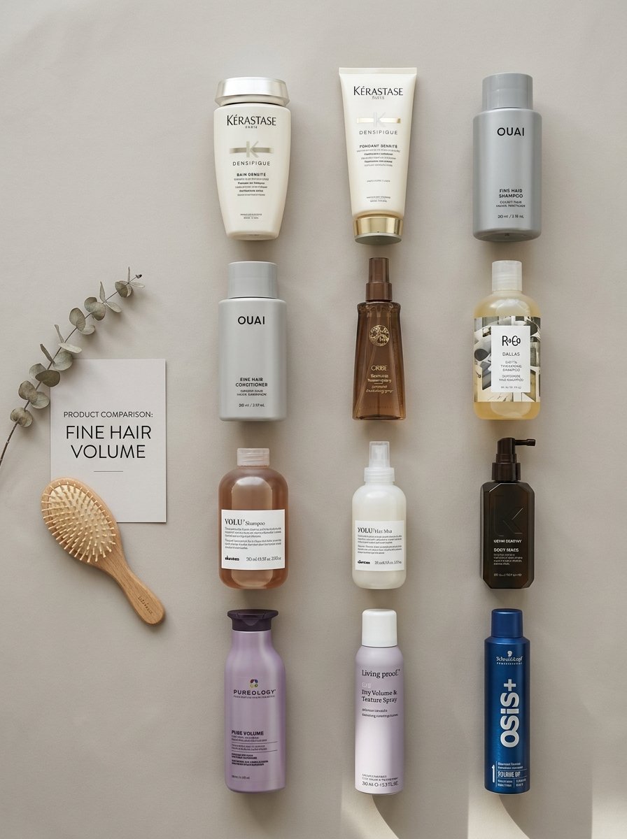 Top-down view of twelve assorted hair care bottles for fine hair arranged in a grid with a wooden brush and note card.