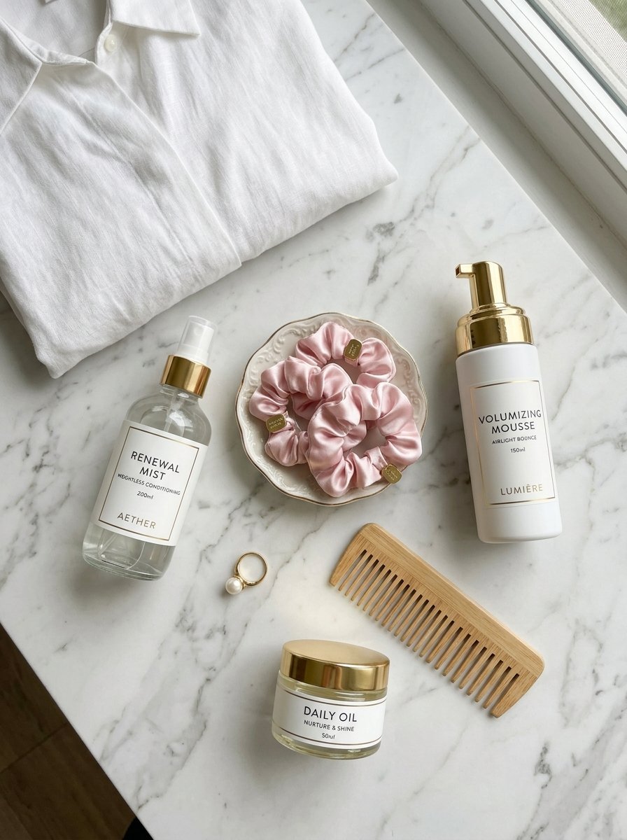 A white shirt, hair mousse, conditioning mist, oil, pink scrunchies, and a wooden comb on a marble surface.