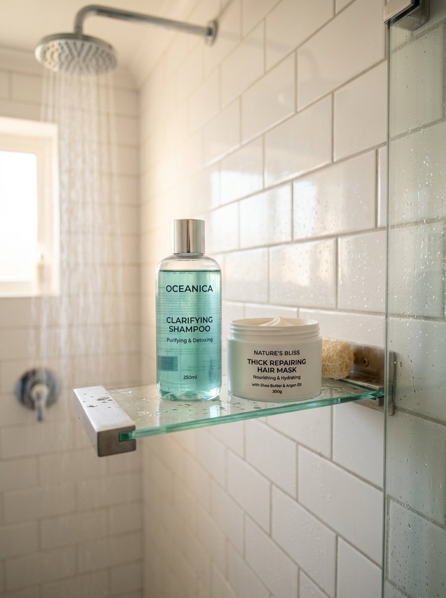 A bottle of clarifying shampoo and a tub of repairing hair mask sitting on a glass shelf in a tiled shower.