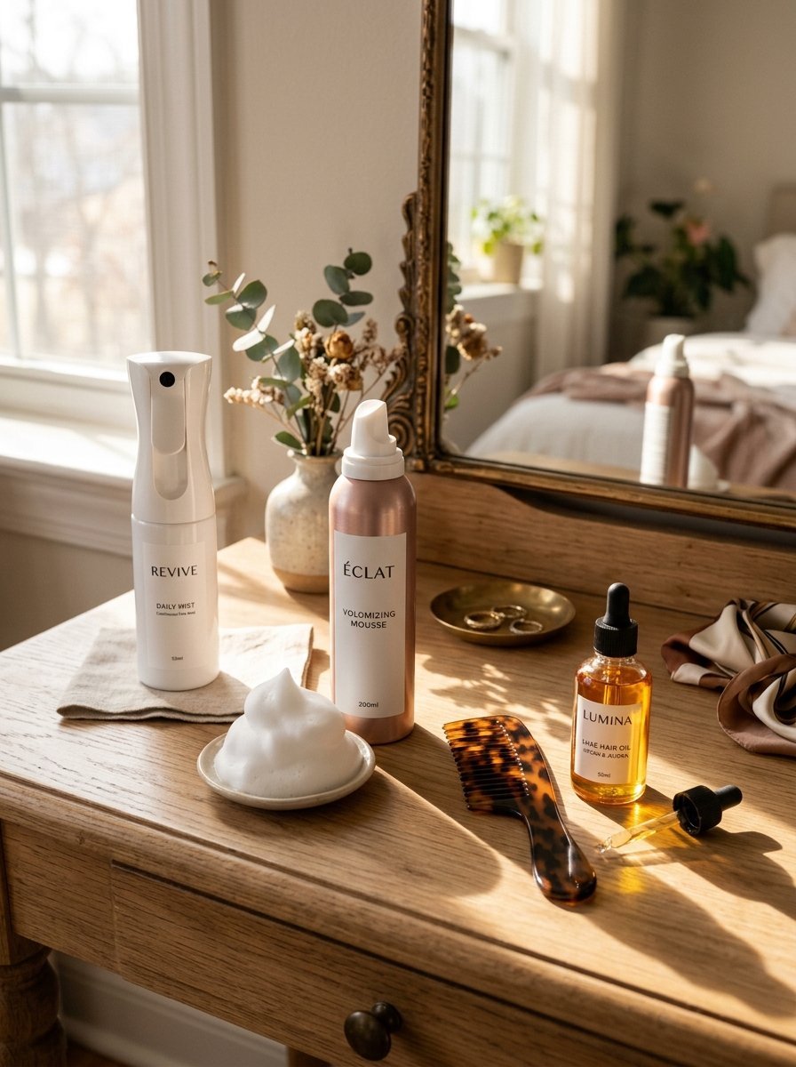 Hair mousse, mist spray, and oil bottles with a tortoise comb and foam sample on a wooden table.