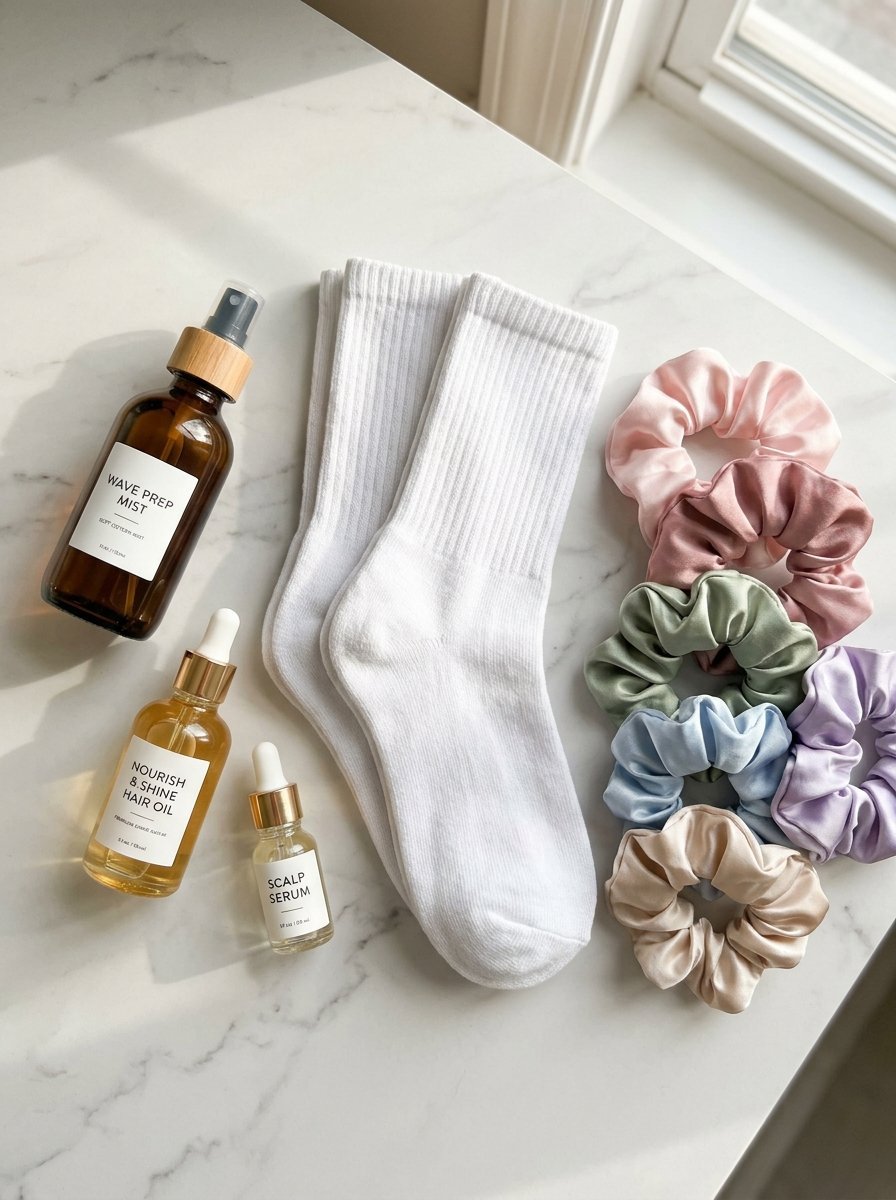Amber glass bottles with hair serums next to white socks and a stack of colorful silk scrunchies on marble.