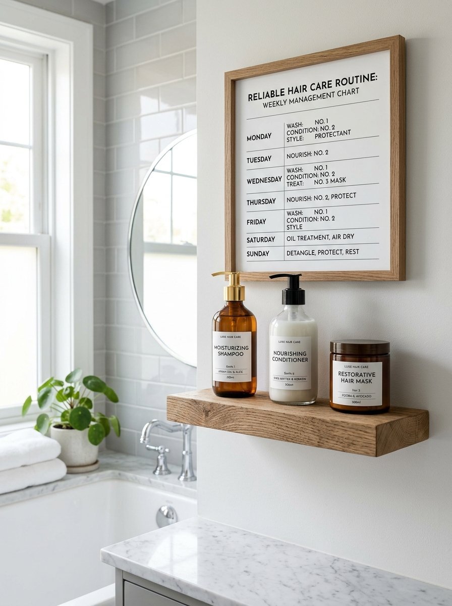 A wooden bathroom shelf holds shampoo, conditioner, and a mask beneath a framed hair care routine chart.