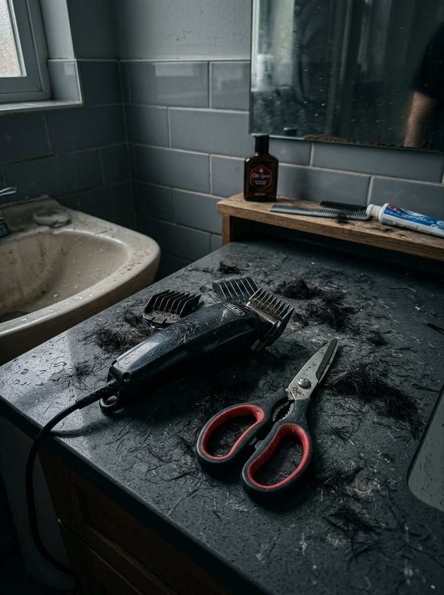 Black hair clippers and red-handled scissors surrounded by hair clippings on a dark stone countertop.