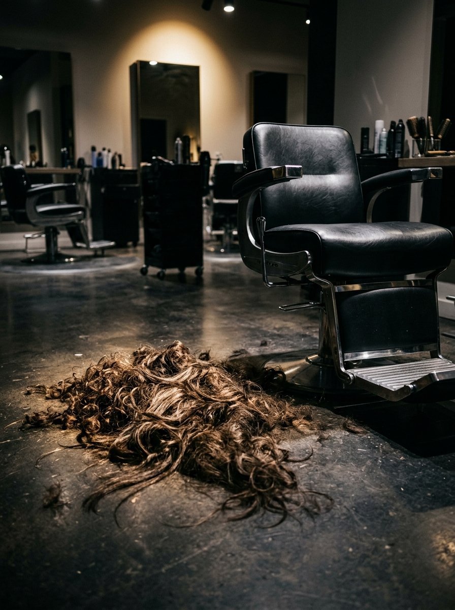 Close up of long trimmed hair lying on the dark polished concrete floor next to a professional salon chair.