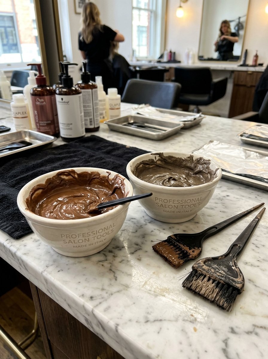 Two ceramic bowls containing brown hair dye mixtures sit next to application brushes on a salon counter.
