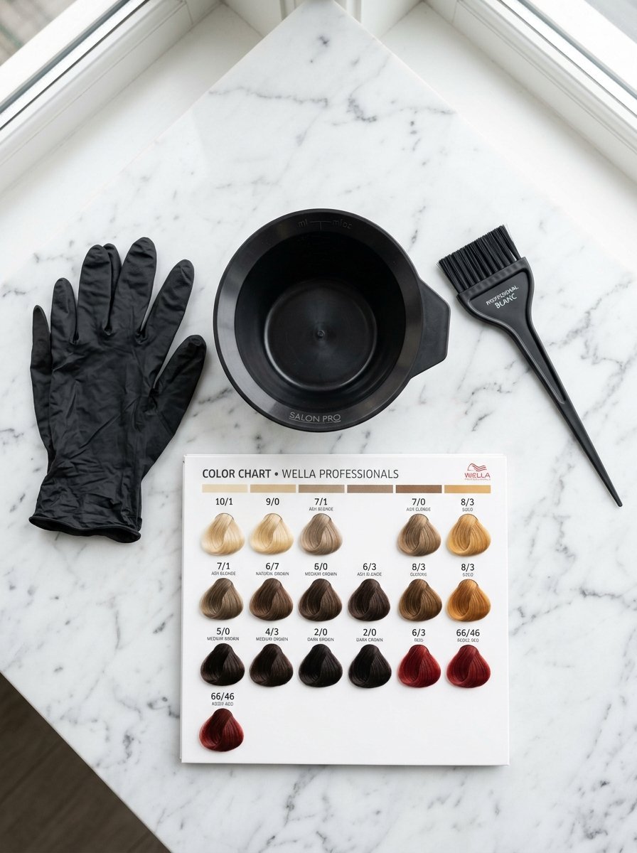 Wella hair dye color chart, black rubber gloves, and a mixing bowl with tint brush on a marble surface.