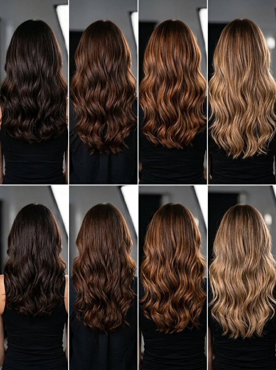 Grid showing four models with wavy hair in varying shades from dark brunette to light blonde.