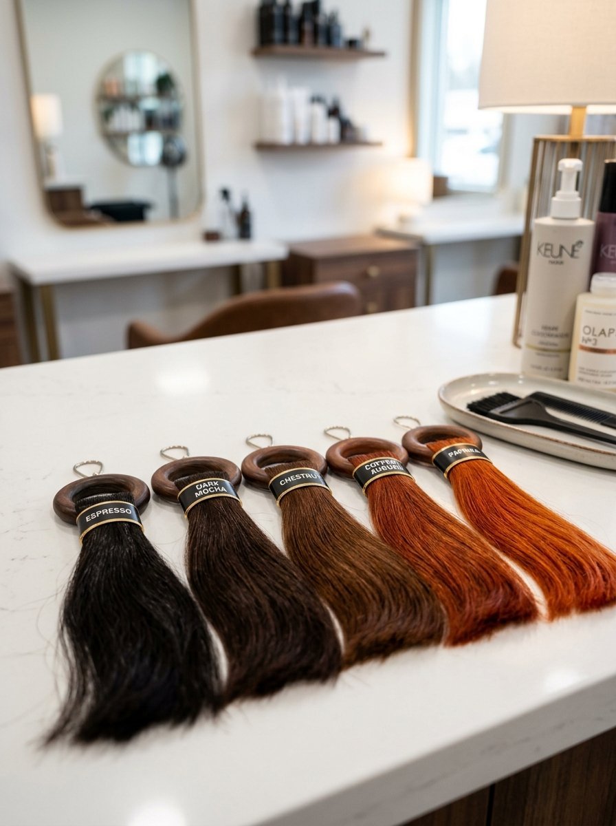 Five labeled hair extensions in various brown and copper shades lying on a white countertop in a hair salon.