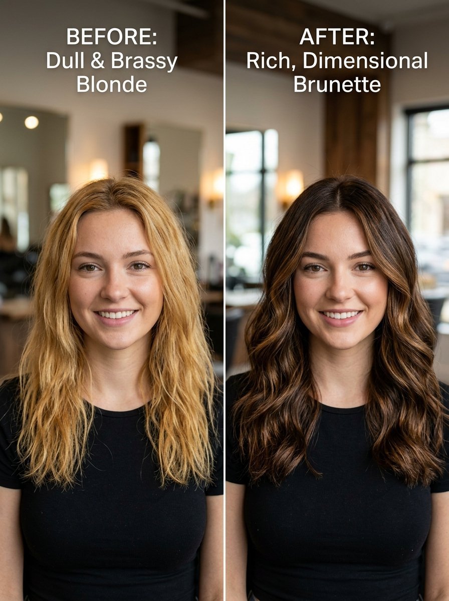 Split screen showing a woman's hair color transformation from light brassy blonde to a deep brunette shade.