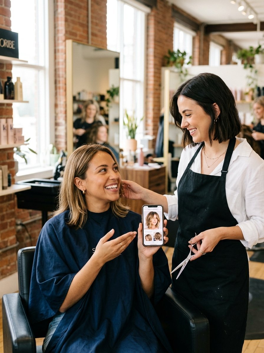 Client holding a phone to show her hairstylist a reference photo in a modern brick studio.