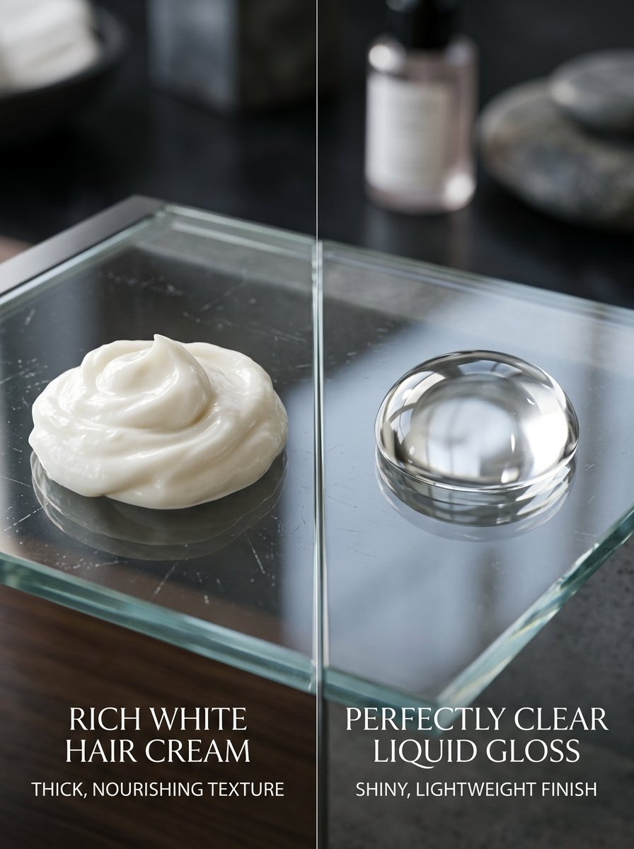 Split screen view showing a dollop of white hair cream next to a drop of transparent liquid gloss on glass.