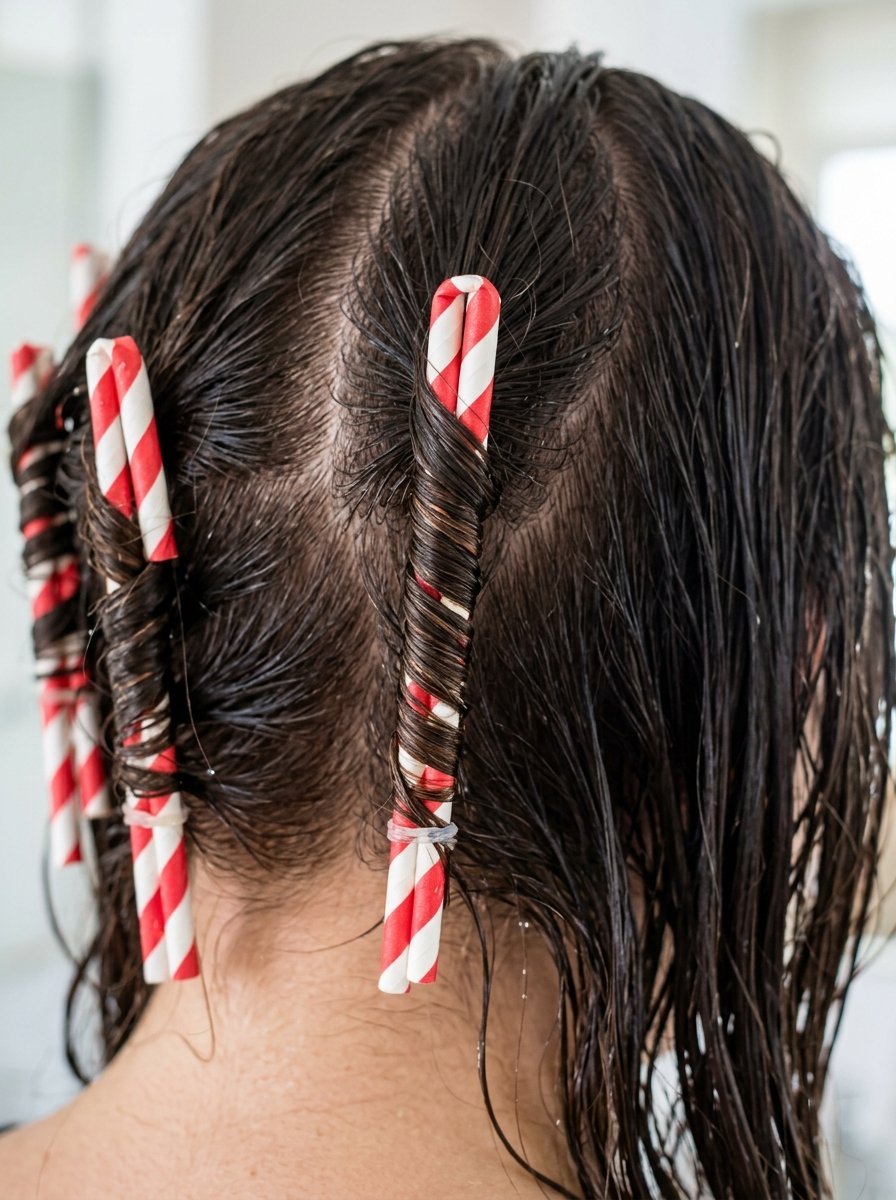 Sections of damp hair coiled tightly around individual paper straws to create heatless curls.