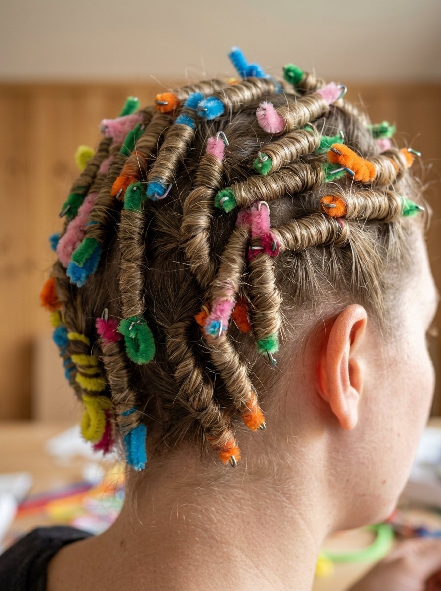 Back view of a person with hair curled into tight spirals using bright multi-colored fuzzy wire craft supplies.
