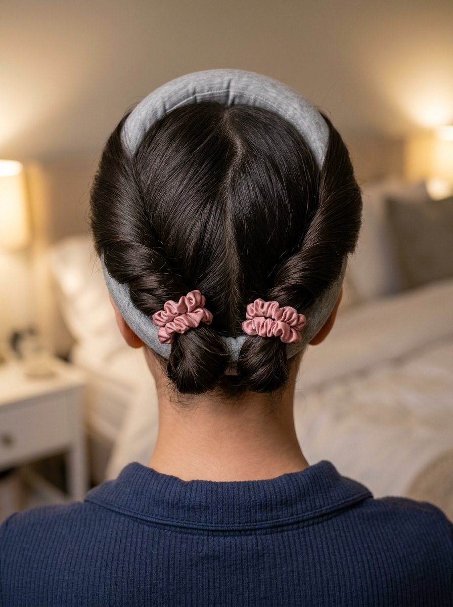 Back view of dark hair wrapped around a grey fabric headband and secured with two small mauve satin scrunchies.