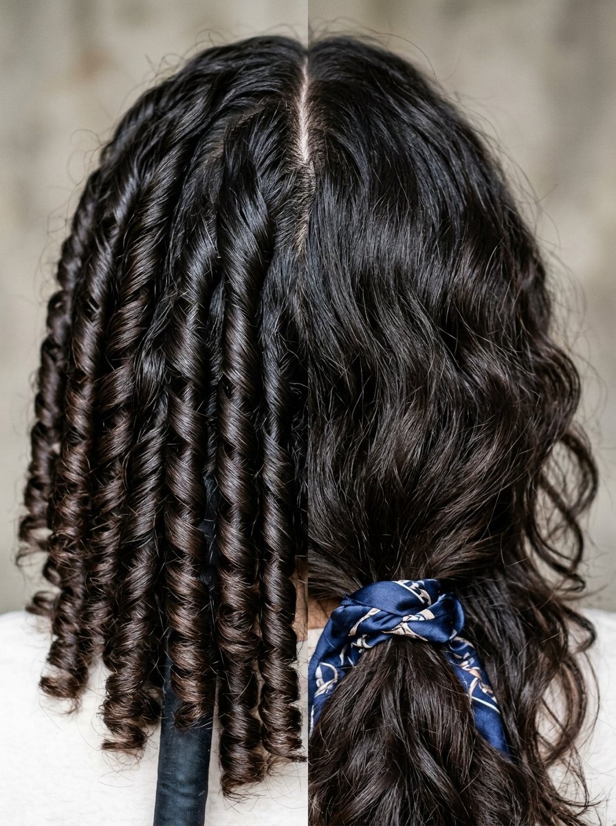 Split view of dark hair showing defined heatless curls on one side and a loose wavy ponytail on the other.