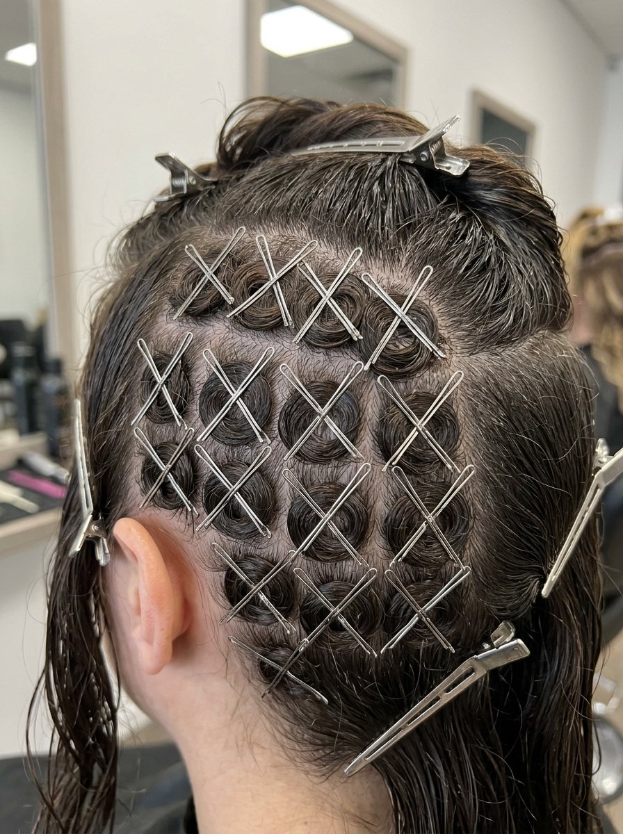 Close up of a woman's wet hair styled in a grid pattern of pin curls held in place by crossed silver bobby pins.
