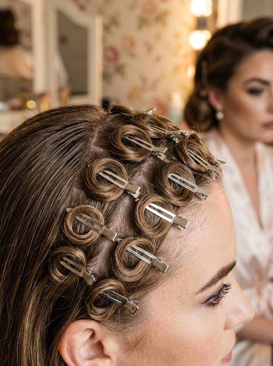 Close up of a woman's brown hair secured with silver hair clips in small, circular pin curls before styling.