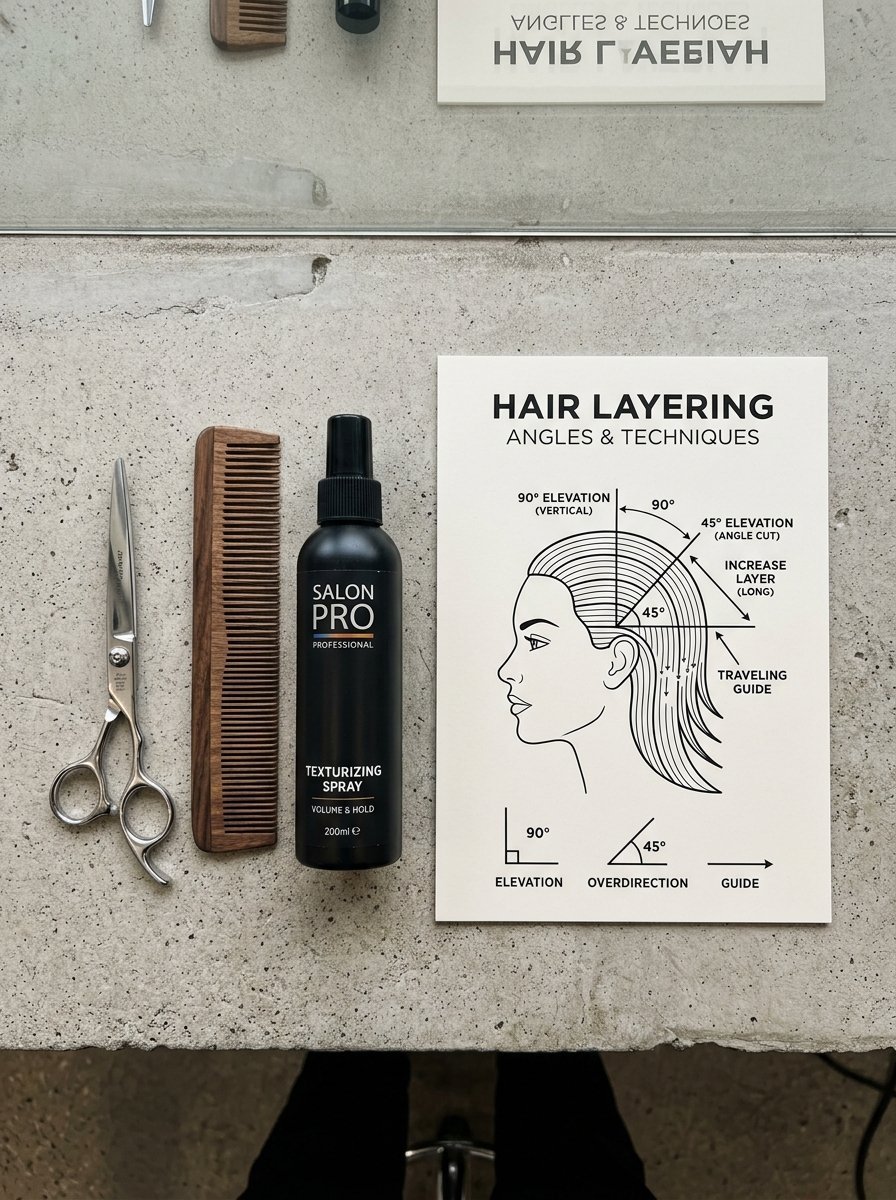 Professional scissors, wooden comb, spray bottle, and a hair cutting angle chart on a concrete surface.