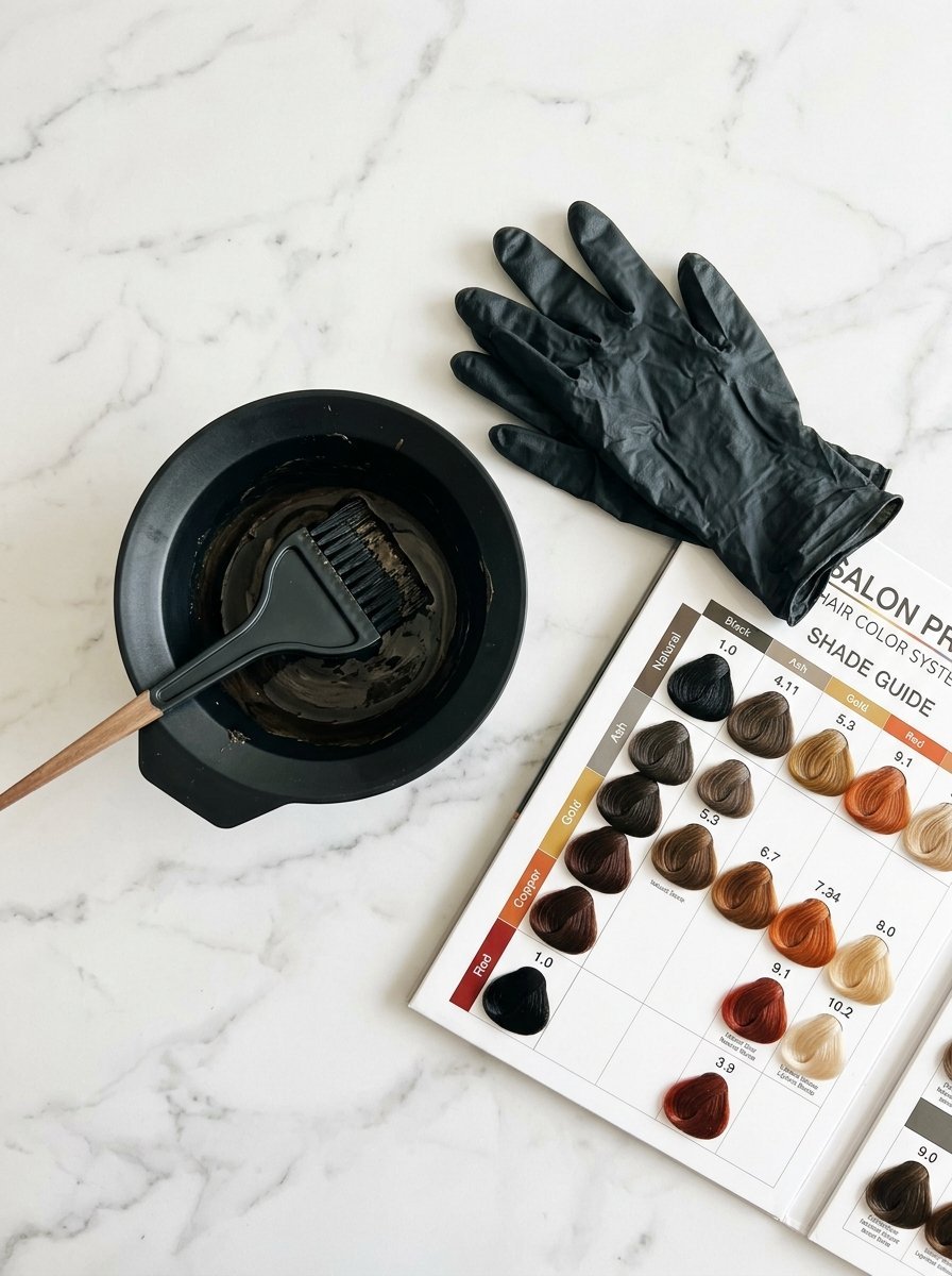 Professional salon hair color swatch book beside a bowl of dark hair dye and a single black rubber glove.