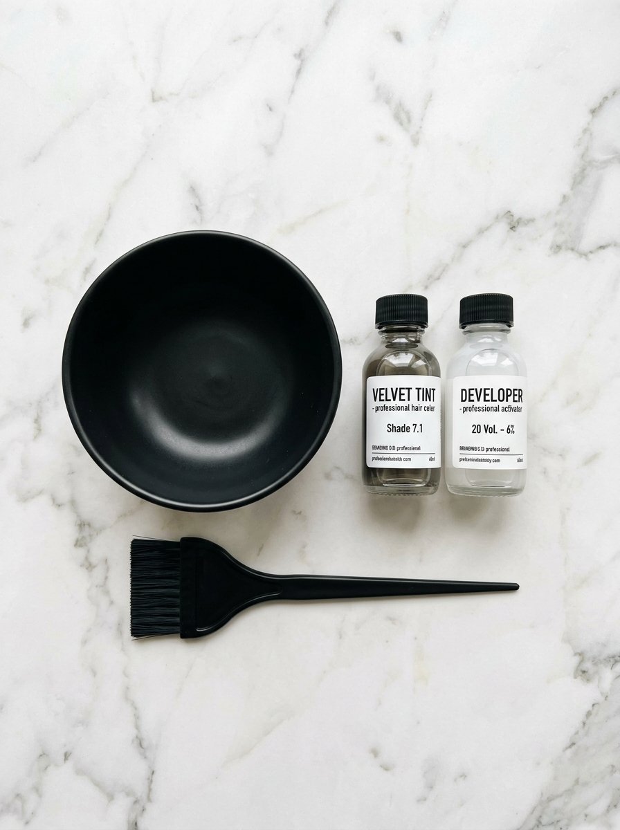 Professional hair dye supplies including a black mixing bowl, applicator brush, velvet tint, and developer bottles.