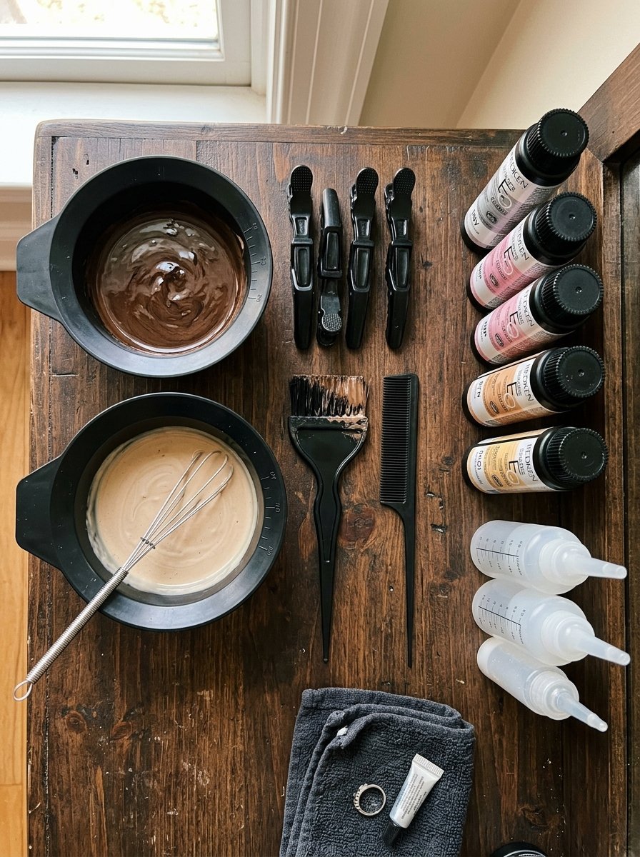 Mixing bowls with brown hair dye, applicator brushes, sectioning clips, developer bottles, and a metal whisk.