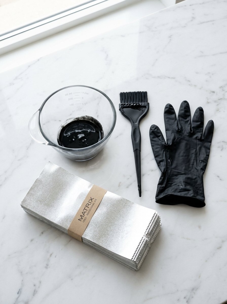 Mixing bowl with black hair dye, application brush, matrix foil sheets, and a latex glove.