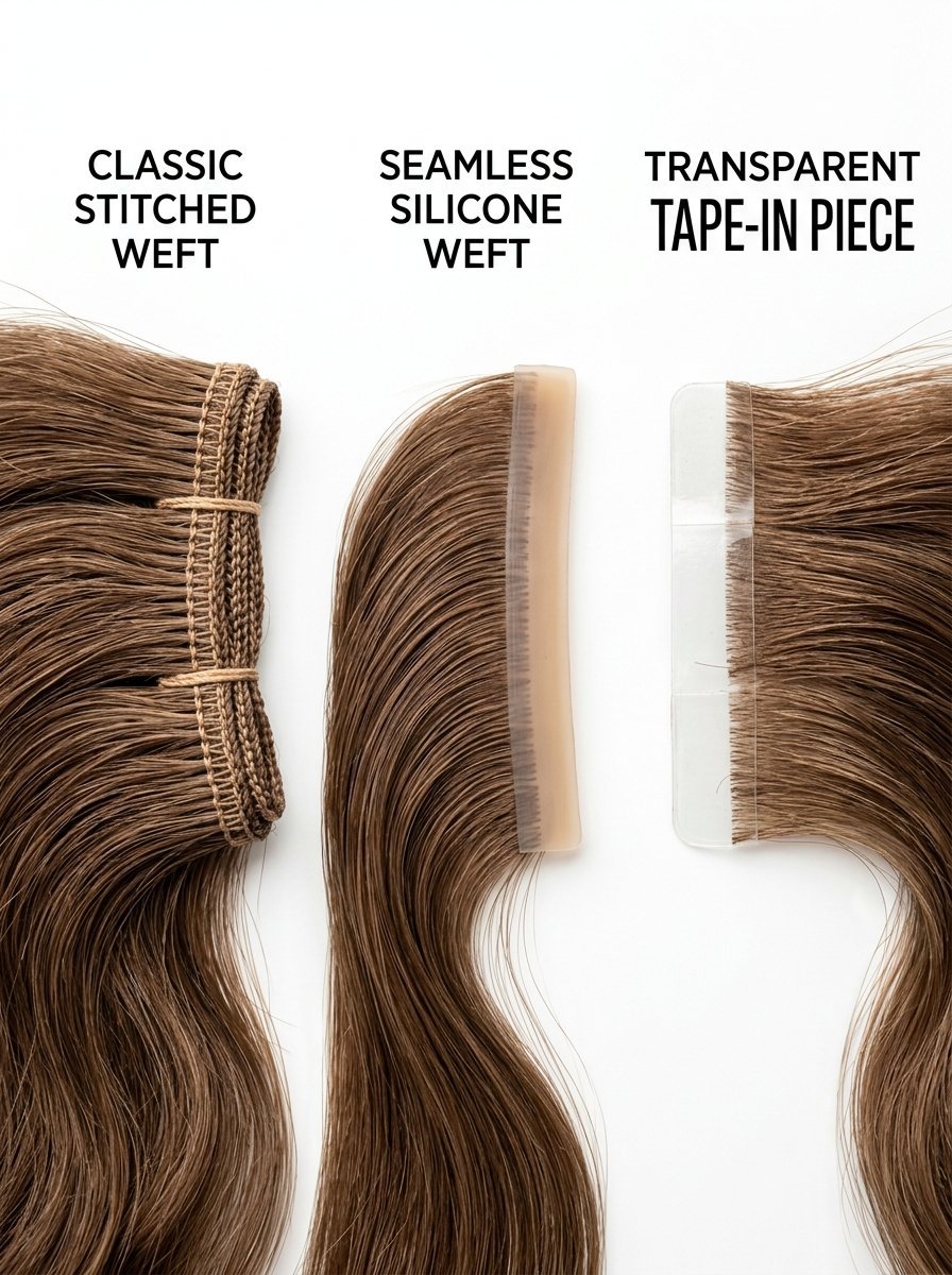 Comparison of classic stitched, seamless silicone, and transparent tape-in hair extension headers on white.