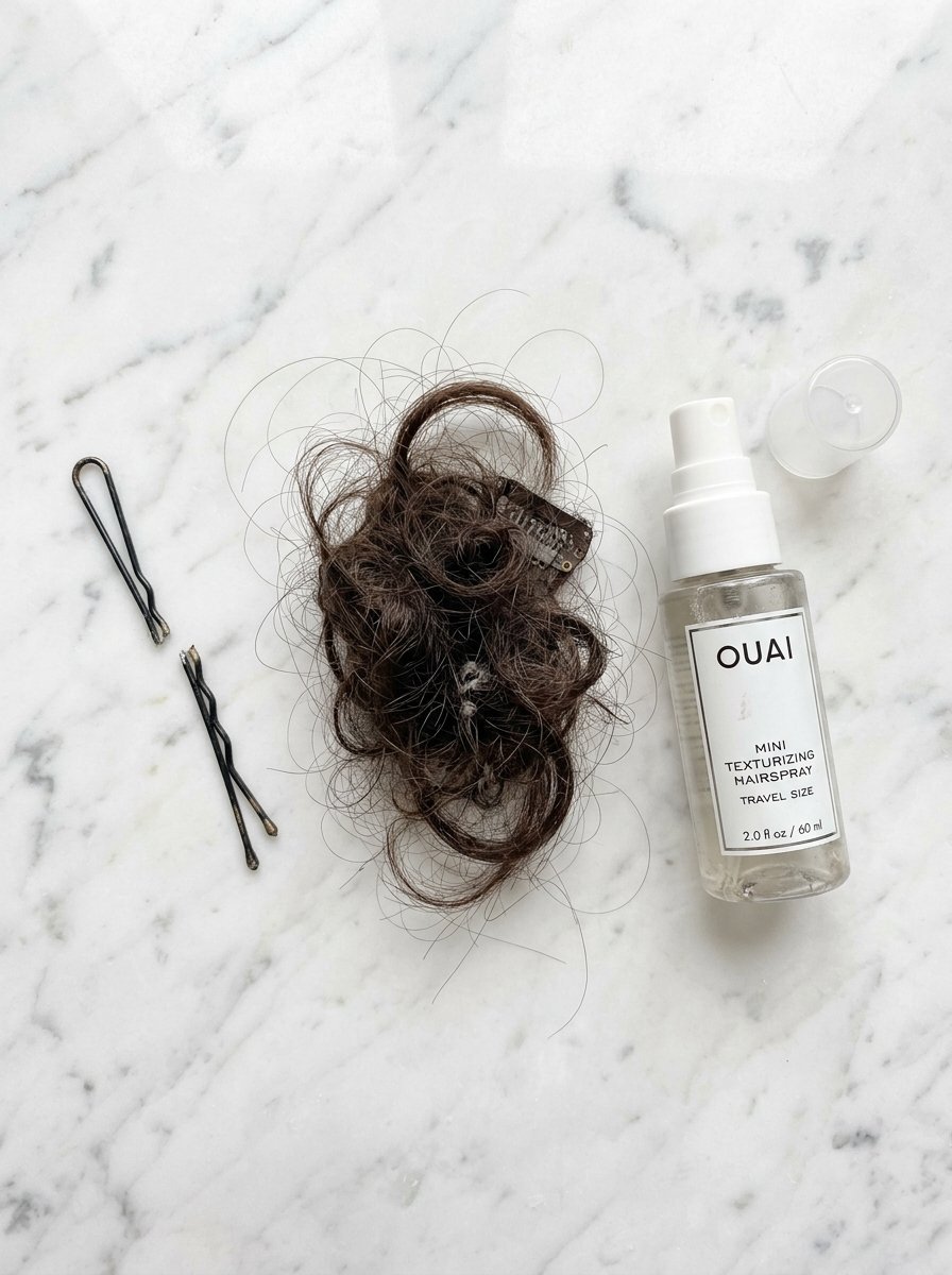 A bottle of Ouai mini hairspray next to a tangled brown clip-in hair extension and two black bobby pins.