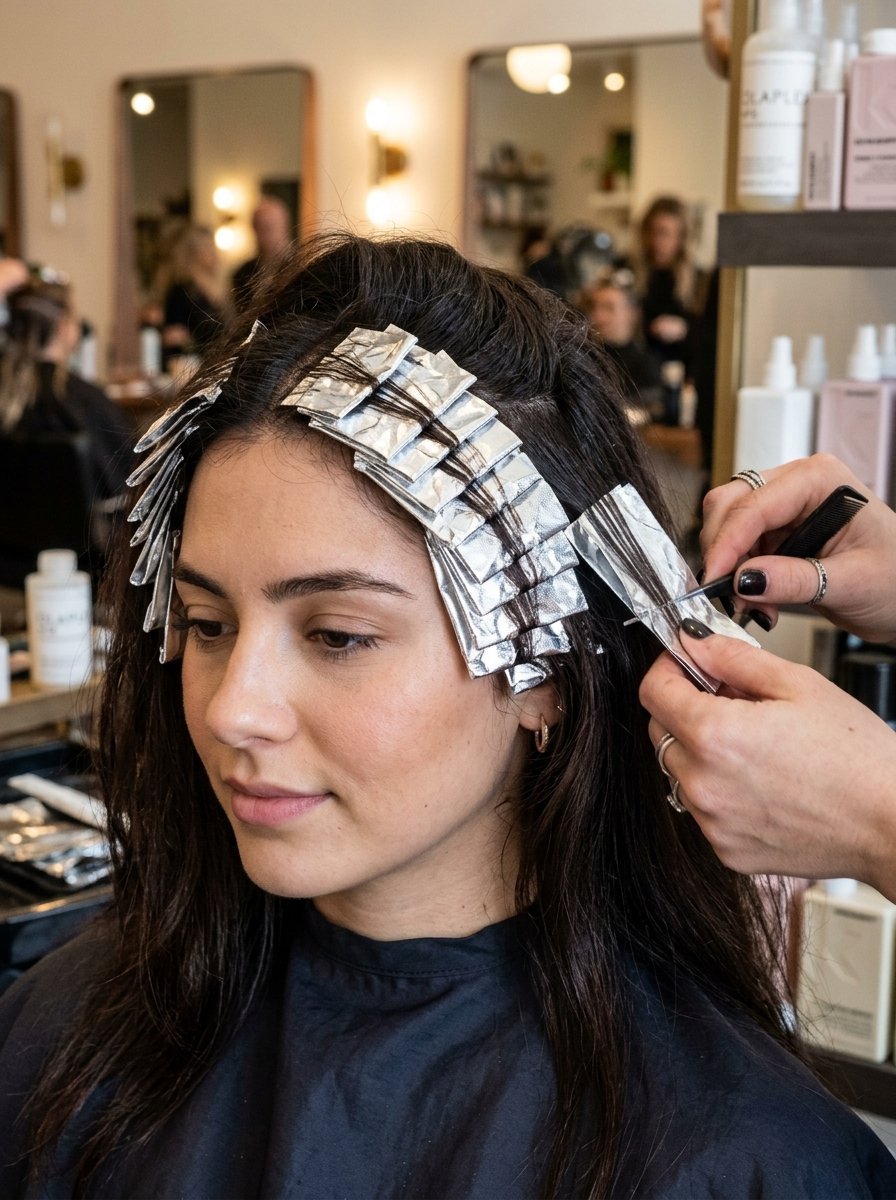 A dark-haired woman sits in a salon chair while a stylist uses a comb to place thin silver foils into her hair.