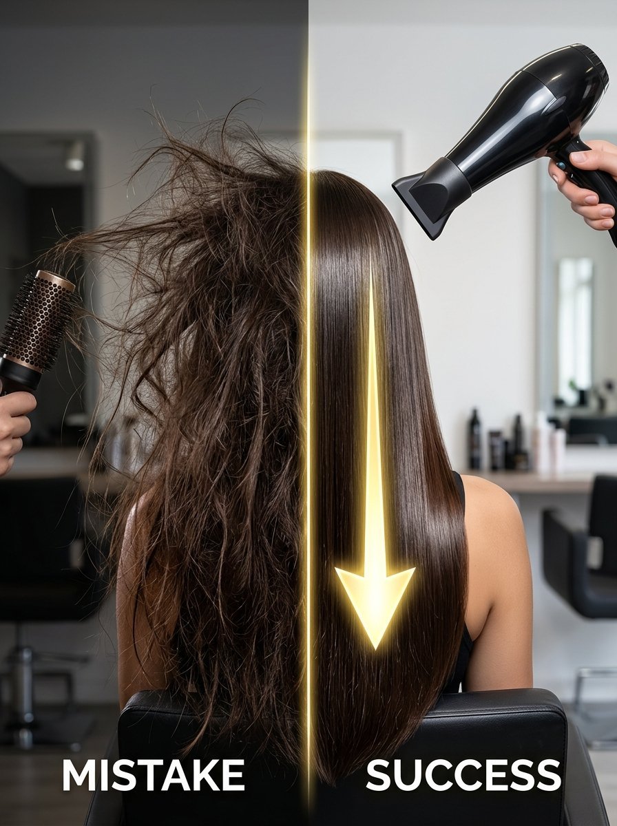 Split screen image showing frizzy messy hair on the left and smooth straight hair on the right.